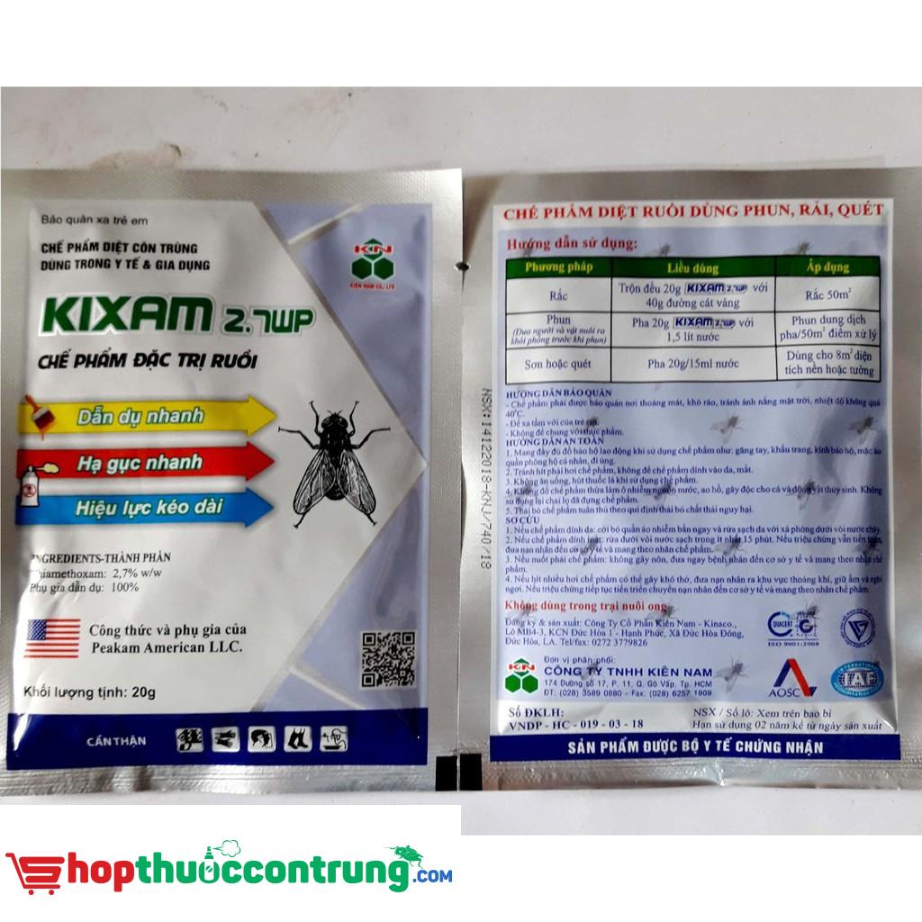 Pha 20g Kixam với 1 lít nước, phun diệt ruồi cho 20M²